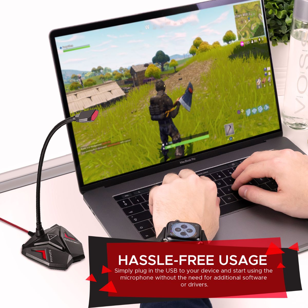 Promate - USB Gaming Microphone, High Definition Omnidirectional Gooseneck Condenser Mic with Audio Jack Out, Mute Button and Built-In Tangle-Free Cord for PC, Laptop, Mac, Recording, Gaming, Streamer Maroon