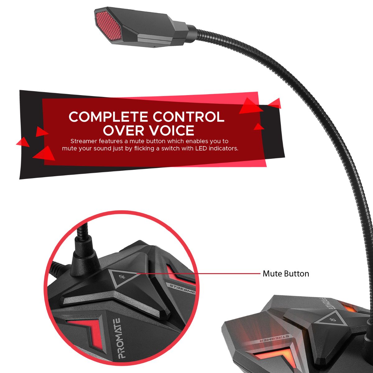 Promate - USB Gaming Microphone, High Definition Omnidirectional Gooseneck Condenser Mic with Audio Jack Out, Mute Button and Built-In Tangle-Free Cord for PC, Laptop, Mac, Recording, Gaming, Streamer Maroon