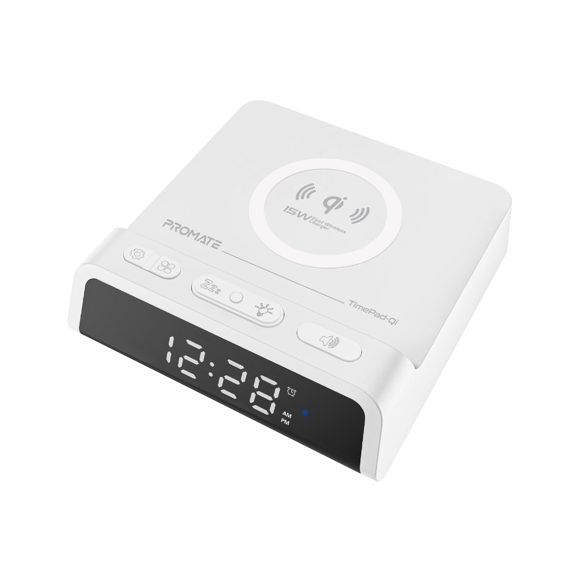 Promate Alarm Clock with Qi Wireless Charger, Premium LED Display Alarm Clock with 15W Qi Wireless Charging, Multi-Protect, USB Port, Snooze and Volume Control for iPhone 12, Galaxy S21, TimePad-Qi White