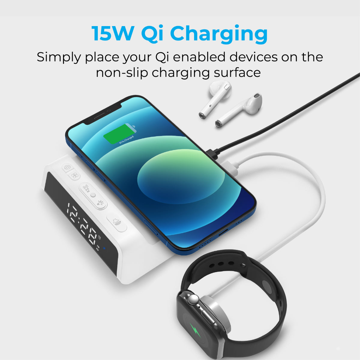 Promate Alarm Clock with Qi Wireless Charger, Premium LED Display Alarm Clock with 15W Qi Wireless Charging, Multi-Protect, USB Port, Snooze and Volume Control for iPhone 12, Galaxy S21, TimePad-Qi White