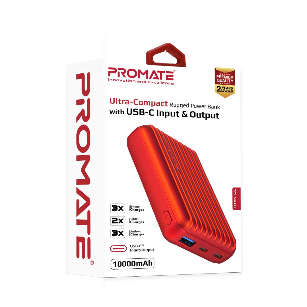 Promate - Type-C Power Bank, Powerful 10000nAh Battery Charger with Type-C and Micro USB Input and Ultra-Fast 2.1A USB Port, USB-C Output, Automatic Voltage Regulation for USB and Type-C Enabled Devices, Titan-10C Red