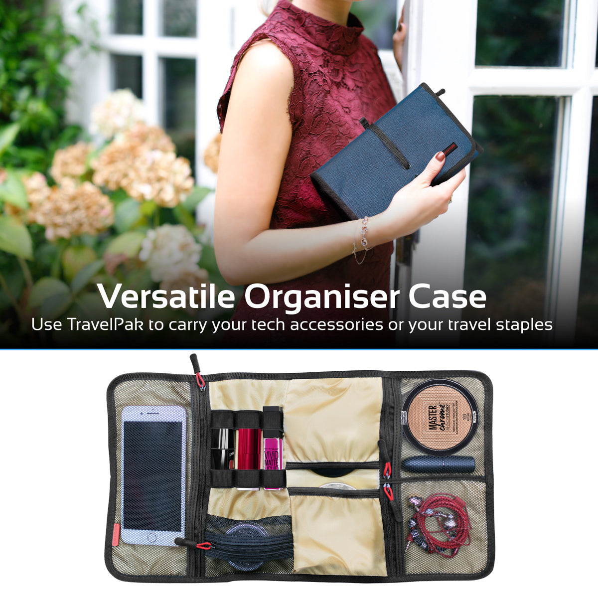Promate - Accessories Organiser, Multi-Purpose Electronic Accessories Pouch with Water-Resistance and 14 Storage Pocket for Cable, Card, Hard Drive, Pen, Adapter, Travelpack-L Blue