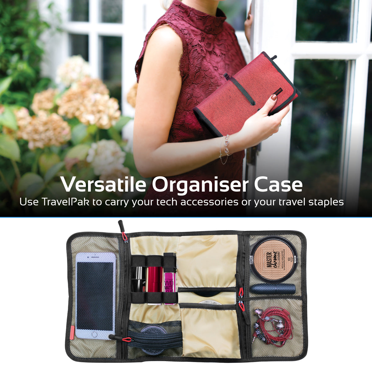 Promate - Accessories Organiser, Multi-Purpose Electronic Accessories Pouch with Water-Resistance and 14 Storage Pocket for Cable, Card, Hard Drive, Pen, Adapter, Travelpack-L Red