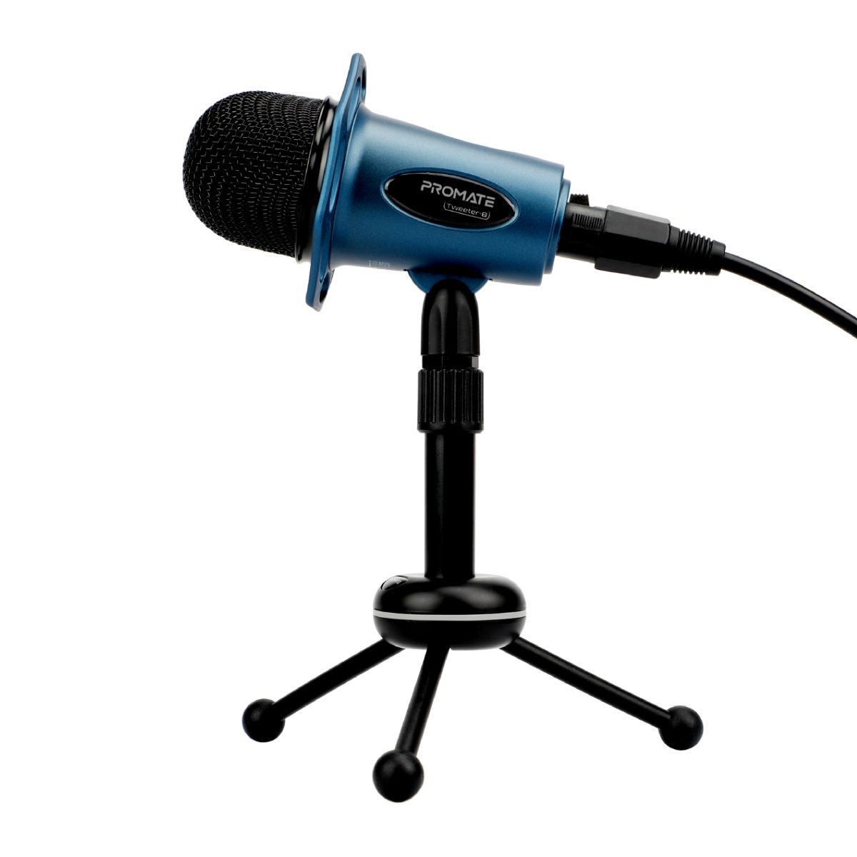 Promate - Desktop Microphones, 3.5mm Professional Condenser Recording Podcast Microphone with Built-In Volume Control and Tripod Stand for PC, Laptop, Skype, Vocal Recording, Tweeter-8 Blue