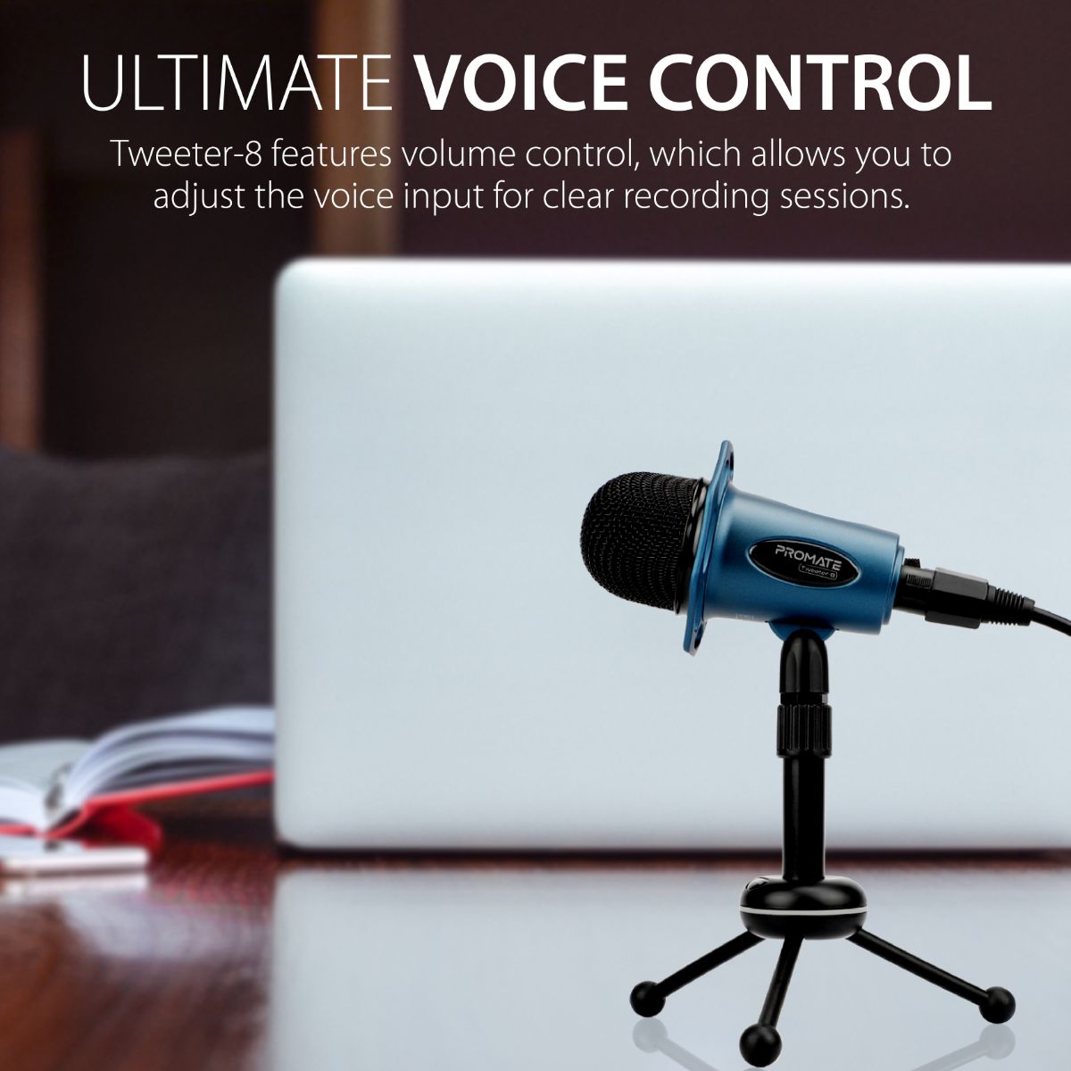 Promate - Desktop Microphones, 3.5mm Professional Condenser Recording Podcast Microphone with Built-In Volume Control and Tripod Stand for PC, Laptop, Skype, Vocal Recording, Tweeter-8 Blue