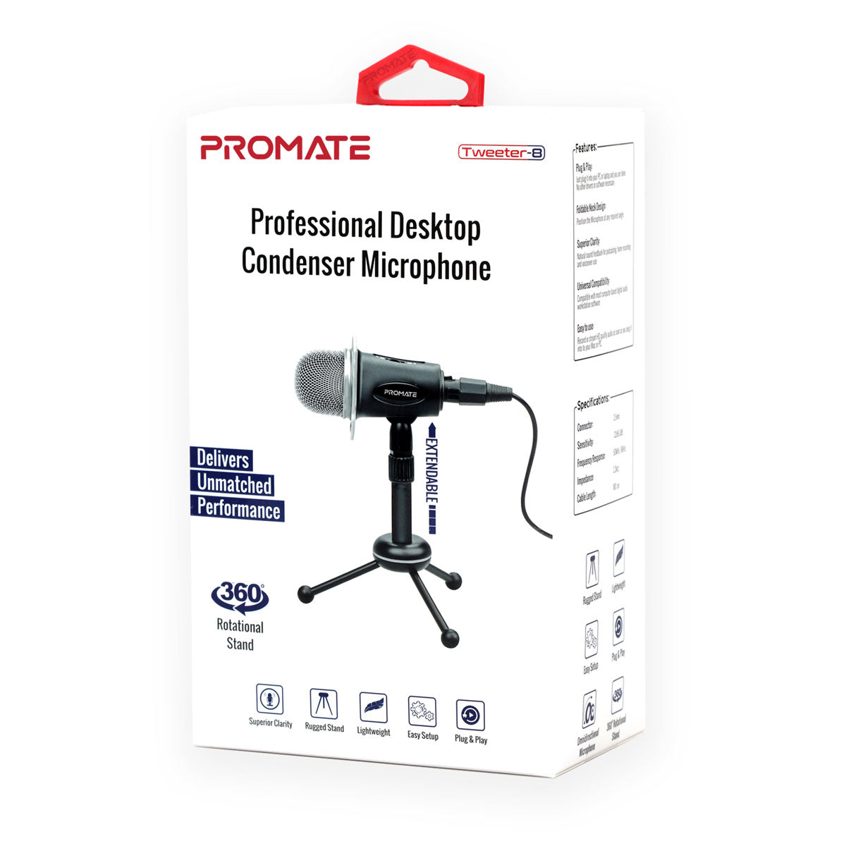 Promate - Desktop Microphones, 3.5mm Professional Condenser Recording Podcast Microphone with Built-In Volume Control and Tripod Stand for PC, Laptop, Skype, Vocal Recording, Tweeter-8 Blue