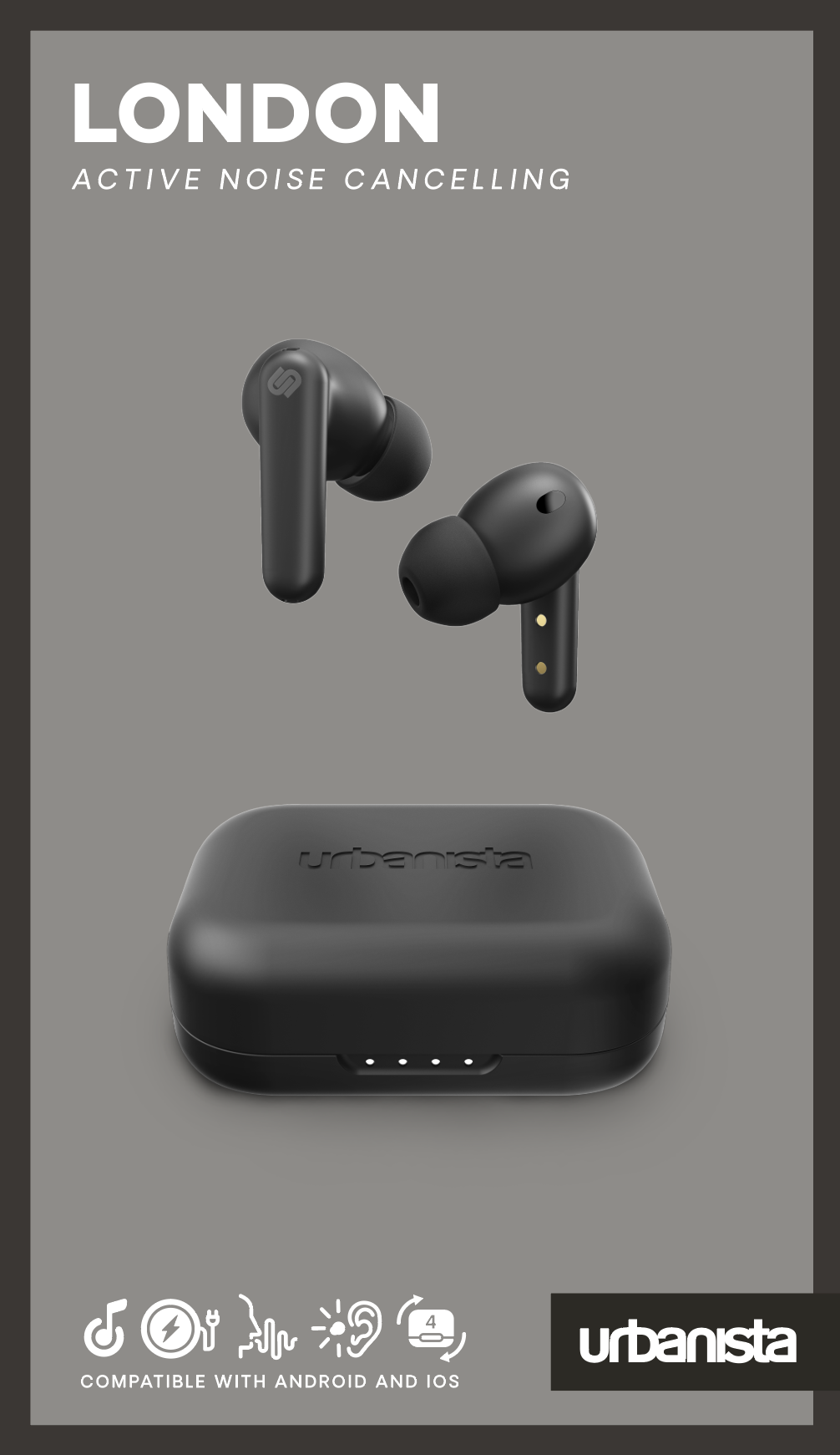 Urbanista LONDON Active Noise Cancelling True Wireless Earphone - Bluetooth 5.0, 25Hr Battery Life, Touch Control, In-Ear Detection, Wireless Charging, for Smartphones, Tablets, PCs & Laptops - Black