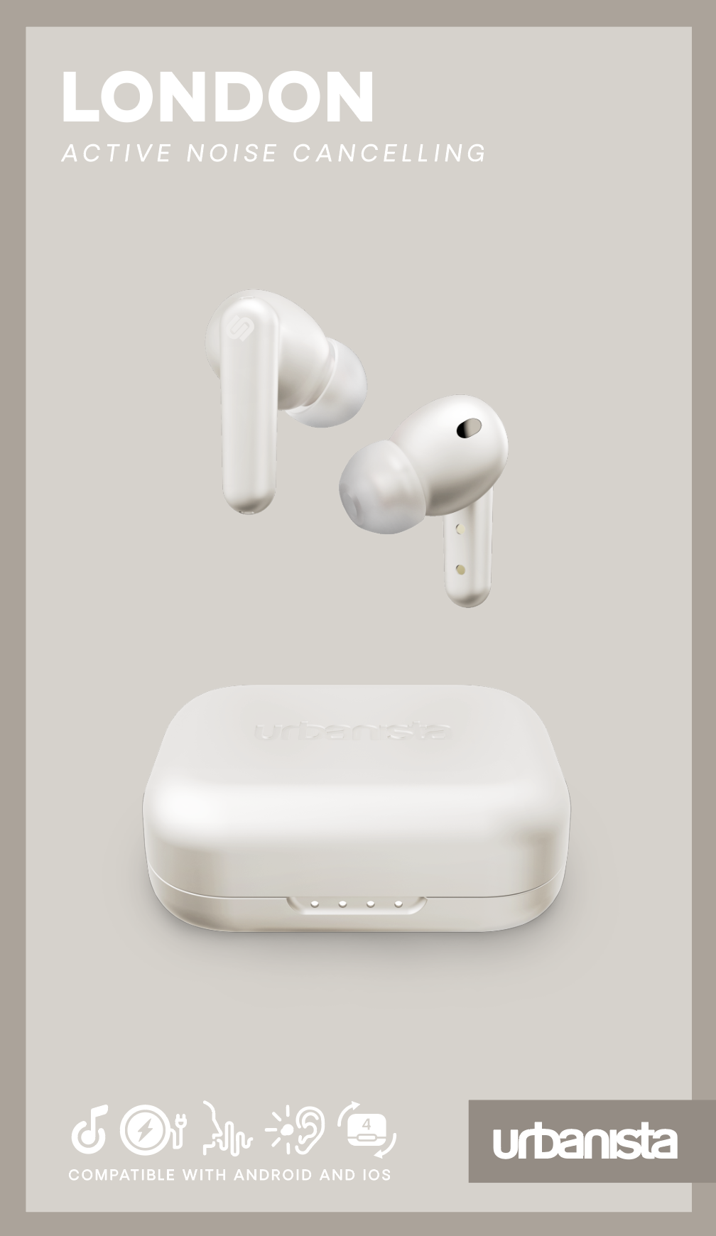 Urbanista LONDON Active Noise Cancelling True Wireless Earphone - Bluetooth 5.0, 25Hr Battery Life, Touch Control, In-Ear Detection, Wireless Charging, for Smartphones, Tablets, PCs & Laptops - White