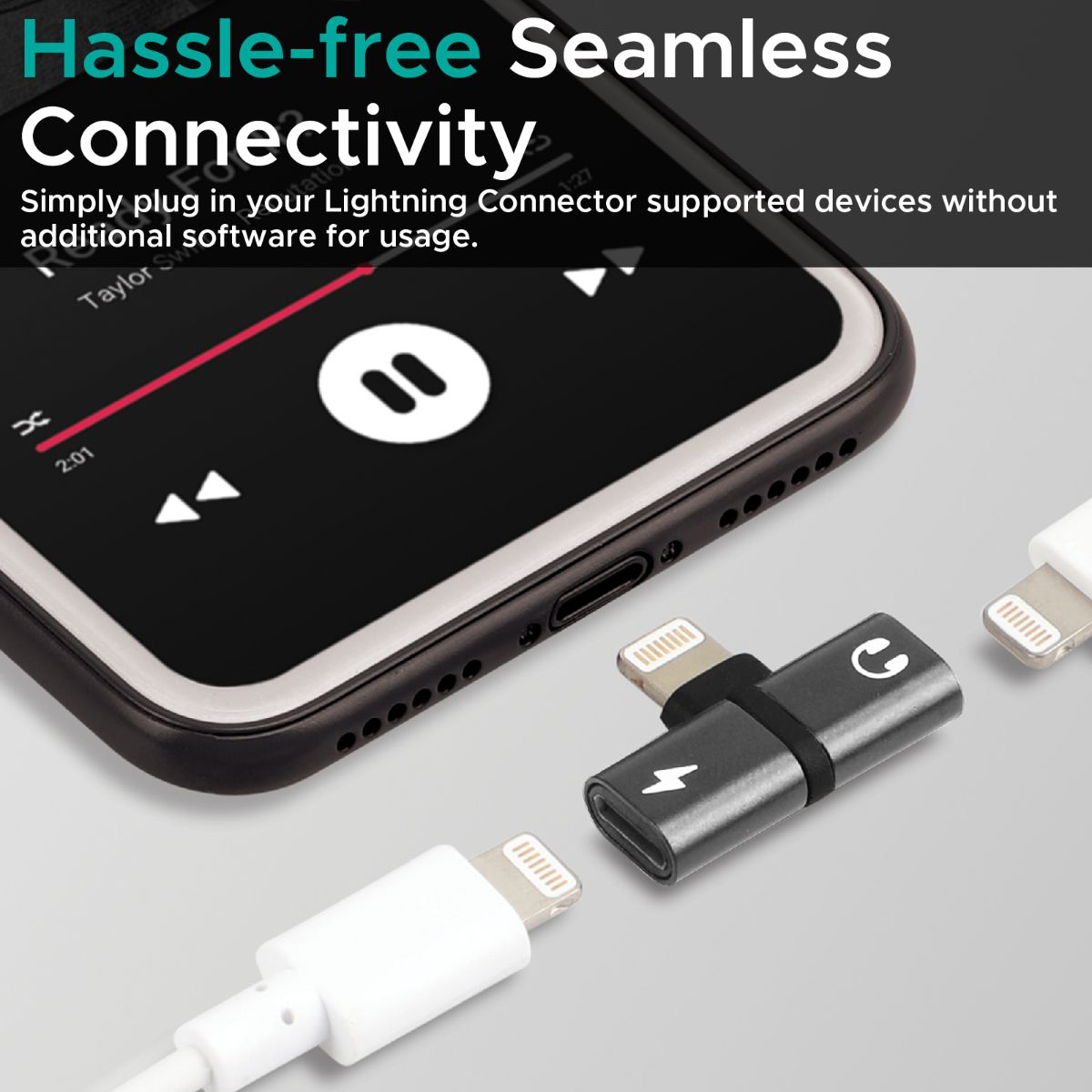 Promate - Lightning Jack Adapter, Ultra-Slim 2-In-1 Lightning to Headphone Adapter with High-Quality Audio Output and 2A Pass-Through Charging and Syncing Adapter for Lightning Connector Enabled Devices, iHinge-LT.Grey
