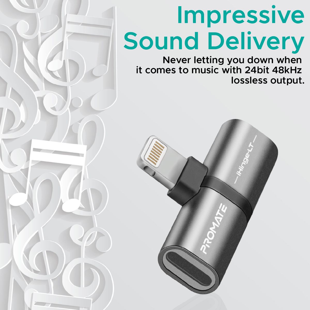 Promate - Lightning Jack Adapter, Ultra-Slim 2-In-1 Lightning to Headphone Adapter with High-Quality Audio Output and 2A Pass-Through Charging and Syncing Adapter for Lightning Connector Enabled Devices, iHinge-LT.Grey