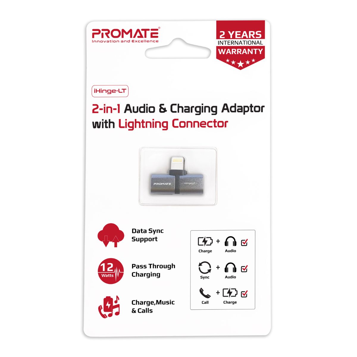 Promate - Lightning Jack Adapter, Ultra-Slim 2-In-1 Lightning to Headphone Adapter with High-Quality Audio Output and 2A Pass-Through Charging and Syncing Adapter for Lightning Connector Enabled Devices, iHinge-LT.Grey
