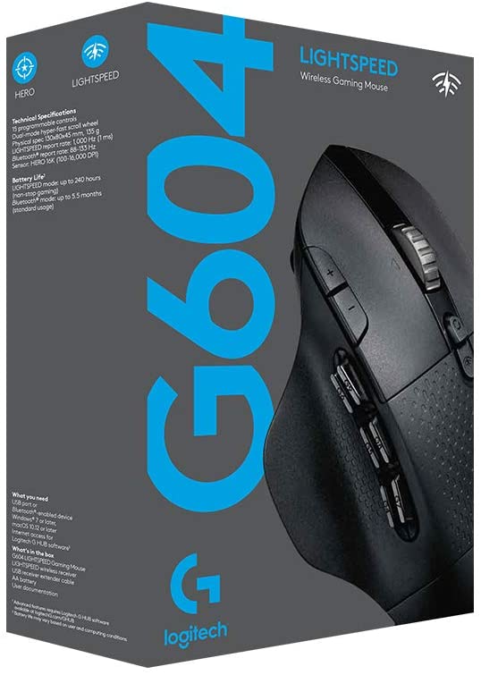 Logitech G604 LIGHTSPEED Wireless Gaming Mouse with 15 Programmable Controls, Up to 240-Hour Battery Life, Dual Wireless Connectivity Modes