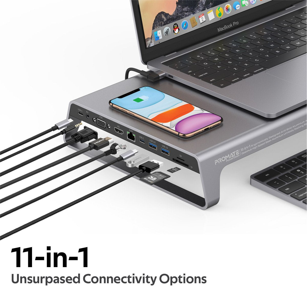 Promate USB-C Laptop Docking Station Monitor Stand, 11-in-1 Aluminium DeskHub with 87W USB-C Power Delivery, 10W Qi Wireless Charger, 4K HDMI Port, Ethernet Port, 2 USB 3.0, VGA, Aux Port and SD/MicroSD Slot, PowerDesk Grey
