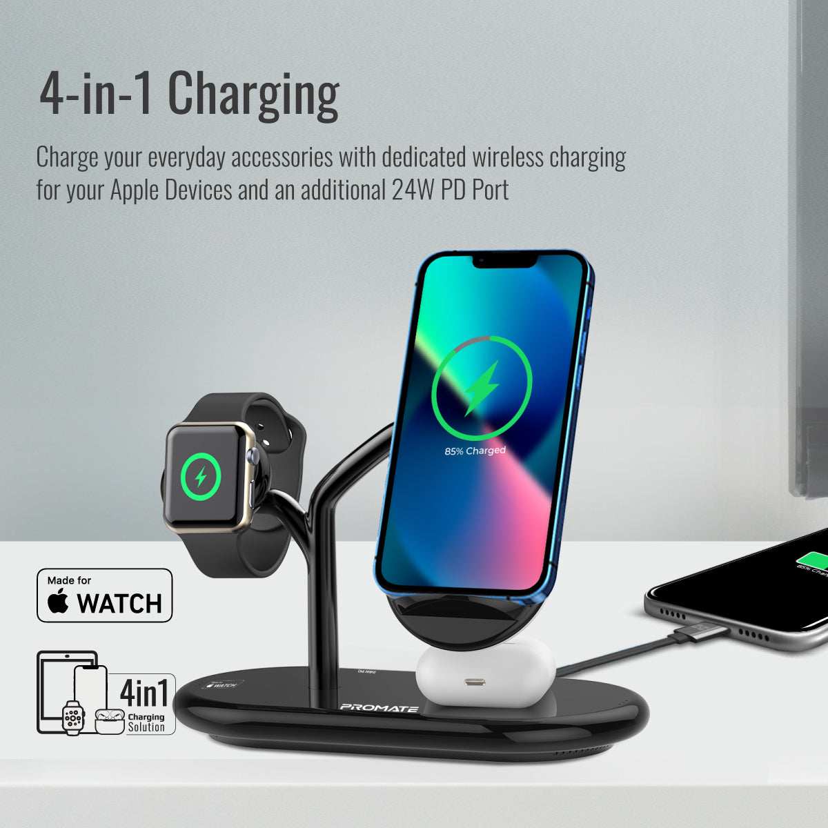 Promate Wireless Charging Station, 4-in-1 Charging Dock with 5W Magnetic MFi Apple Watch Charger, 15W Qi Charging Stand, 24W USB-C Power Delivery Port and 5W/10W Qi Charging Pad, Bonsai Black