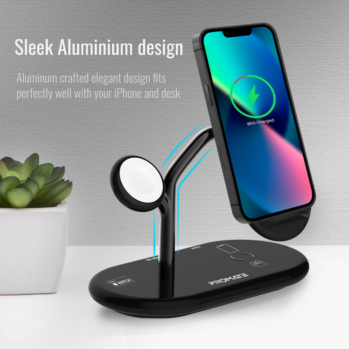 Promate Wireless Charging Station, 4-in-1 Charging Dock with 5W Magnetic MFi Apple Watch Charger, 15W Qi Charging Stand, 24W USB-C Power Delivery Port and 5W/10W Qi Charging Pad, Bonsai Black