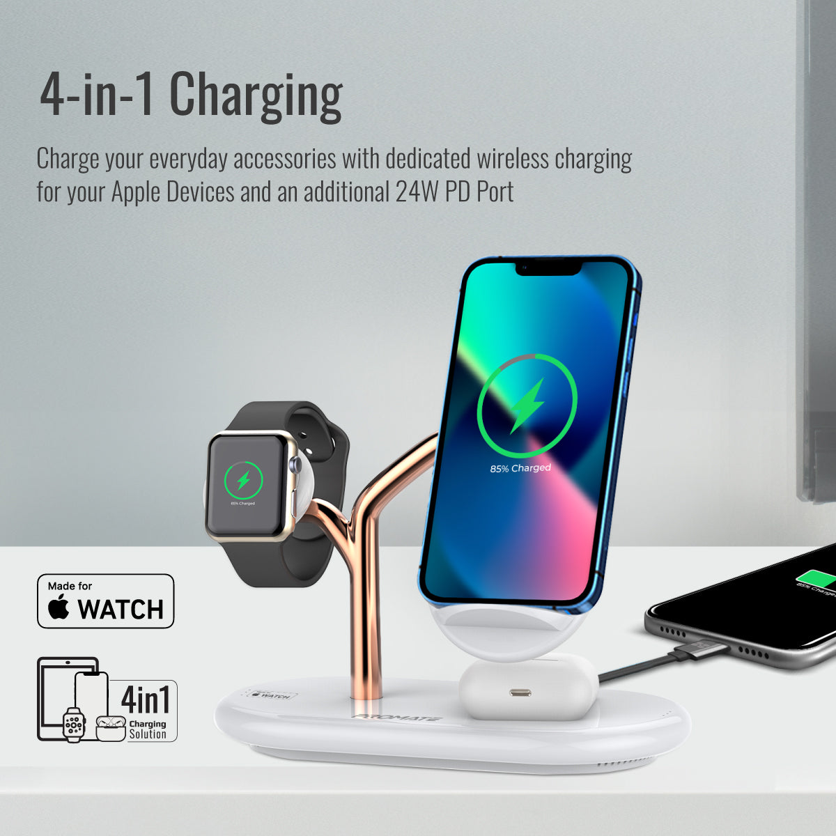 Promate Wireless Charging Station, 4-in-1 Charging Dock with 5W Magnetic MFi Apple Watch Charger, 15W Qi Charging Stand, 24W USB-C Power Delivery Port and 5W/10W Qi Charging Pad, Bonsai Gold