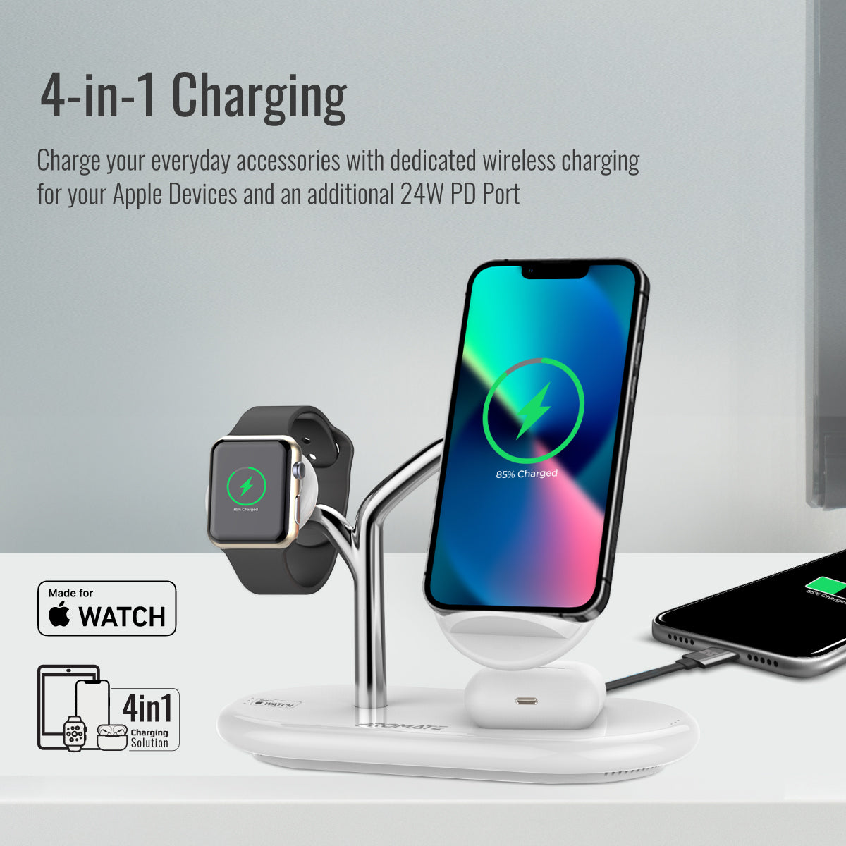 Promate Wireless Charging Station, 4-in-1 Charging Dock with 5W Magnetic MFi Apple Watch Charger, 15W Qi Charging Stand, 24W USB-C Power Delivery Port and 5W/10W Qi Charging Pad, Bonsai Grey