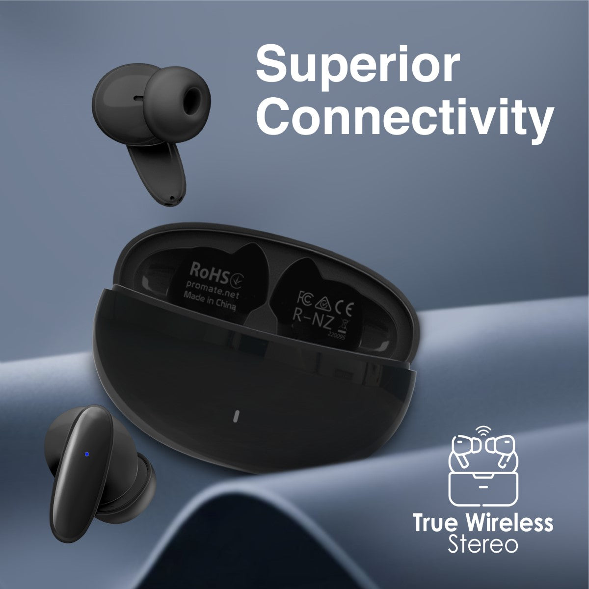 Promate True Wireless Earbuds with Bluetooth v5.1, Mic, IPX5 Water Resistance and Auto Pairing, Lush Black