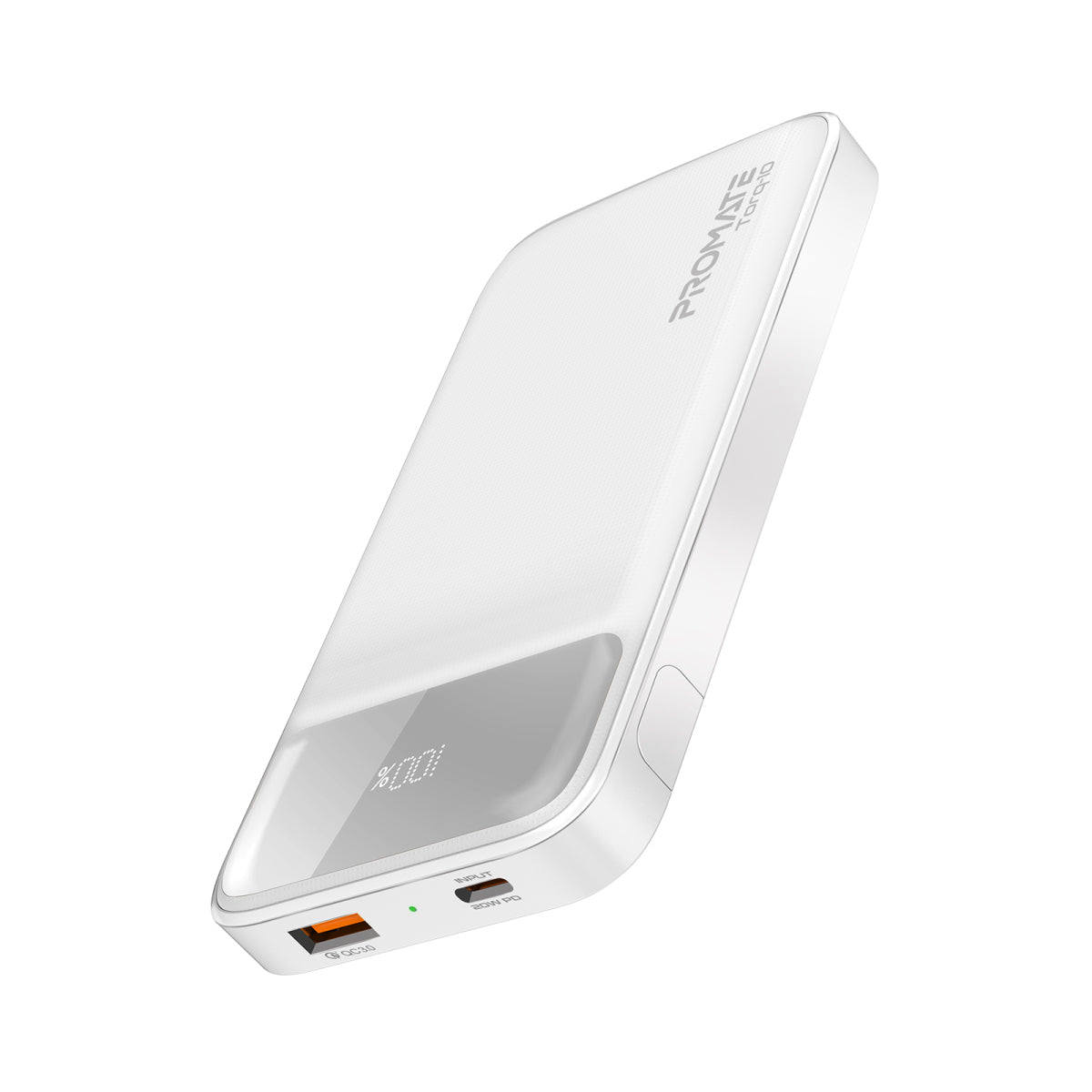 Promate Power Bank with 10000mAh Battery, Kickstand, 20W USB-C PD Port and QC 3.0 18W Port, Torq-10 White