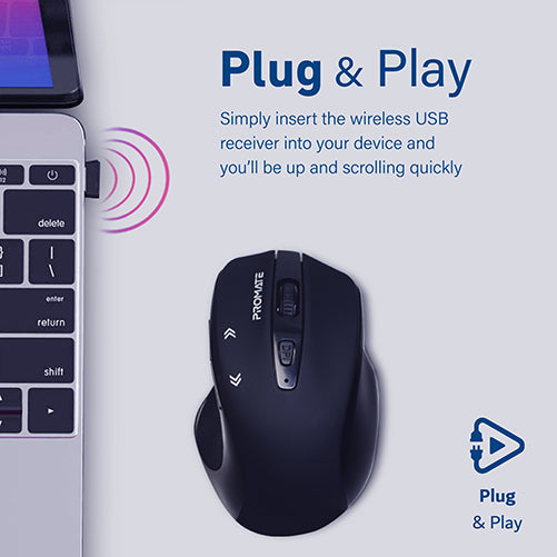 Promate 1600DPI Wireless Mouse, Portable 2.4Ghz Precision Tracking EZGrip™ Ergonomic Mouse with 10m Range, Nano USB Receiver, Adjustable DPI Switch and 6 Programmable Buttons for MacBook, Asus, Hp, Sony, Cursor