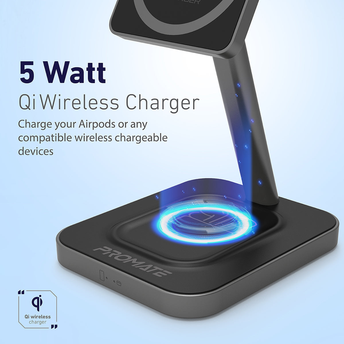 Promate Magnetic Wireless Charger for iPhone 12, 2-in-1 Mag-Safe 15W Fast Wireless Charger with Adjustable Neck and Anti-Slip 5W Charging Pad for iPhone 12/12 Mini/12 Pro/12 Pro Max/AirPods 2/AirPods Pro, AurBase-15W Grey