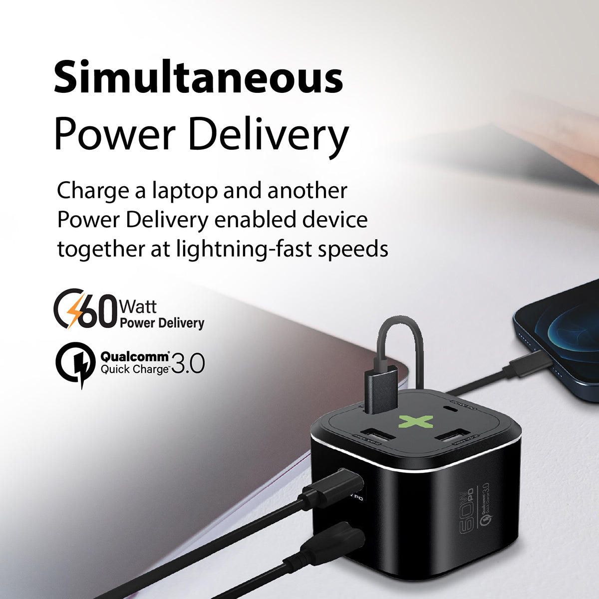 Promate USB-C Charging Station, Multi-Port Hub with 60W/20W Dual USB-C Power Delivery, 2.4A Dual USB and Quick Charge 3.0 Ports, PowerCube-PD80 Black