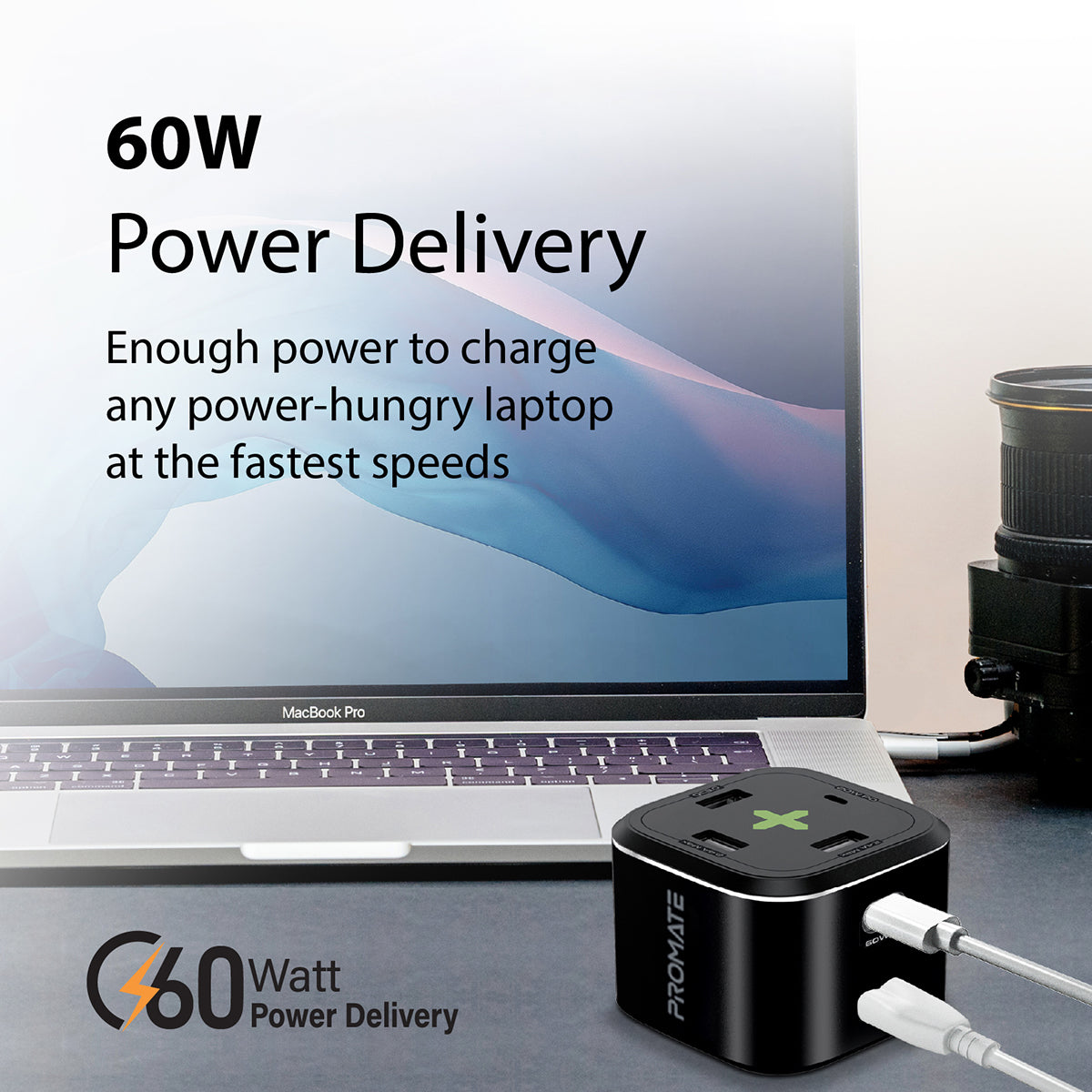 Promate USB-C Charging Station, Multi-Port Hub with 60W/20W Dual USB-C Power Delivery, 2.4A Dual USB and Quick Charge 3.0 Ports, PowerCube-PD80 Black