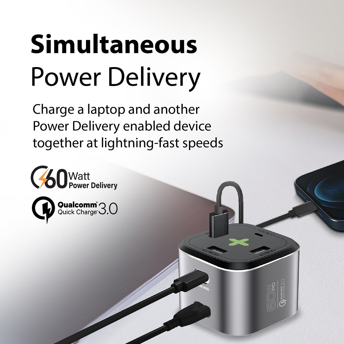 Promate USB-C Charging Station, Multi-Port Hub with 60W/20W Dual USB-C Power Delivery, 2.4A Dual USB and Quick Charge 3.0 Ports, PowerCube-PD80 Grey