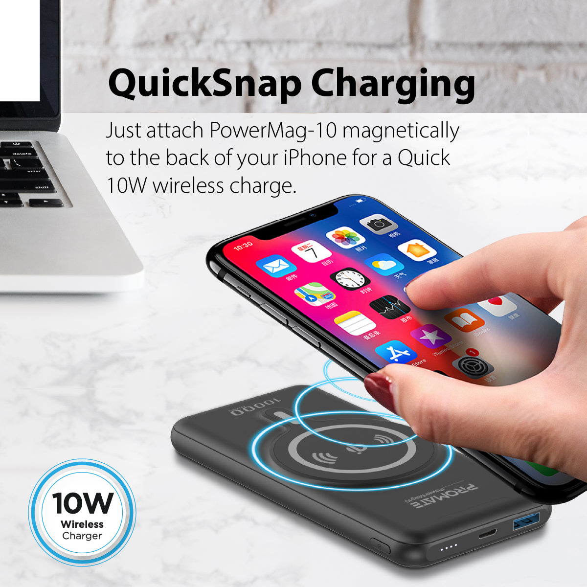 Promate Magnetic Wireless Power Bank for iPhone 12, 10000mAh Magnetic 10W Qi Wireless Mag-Safe Battery Pack with 20W USB-C Power Delivery 2-way Charging Port and QC 3.0 Fast Charging Port for iPhone 12, Samsung, iPad Pro, PowerMag-10 Black