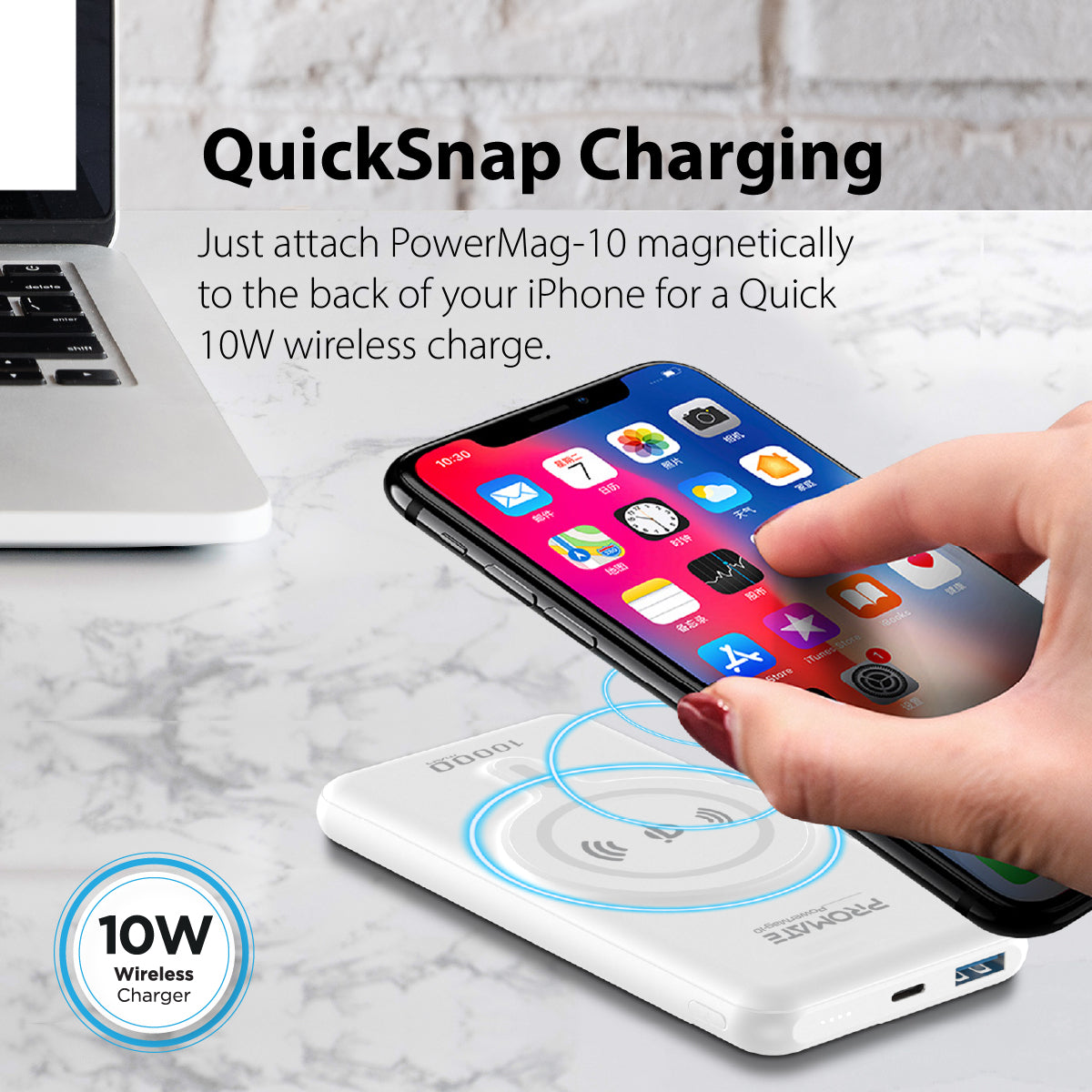 Promate Magnetic Wireless Power Bank for iPhone 12, 10000mAh Magnetic 10W Qi Wireless Mag-Safe Battery Pack with 20W USB-C Power Delivery 2-way Charging Port and QC 3.0 Fast Charging Port for iPhone 12, Samsung, iPad Pro, PowerMag-10 White