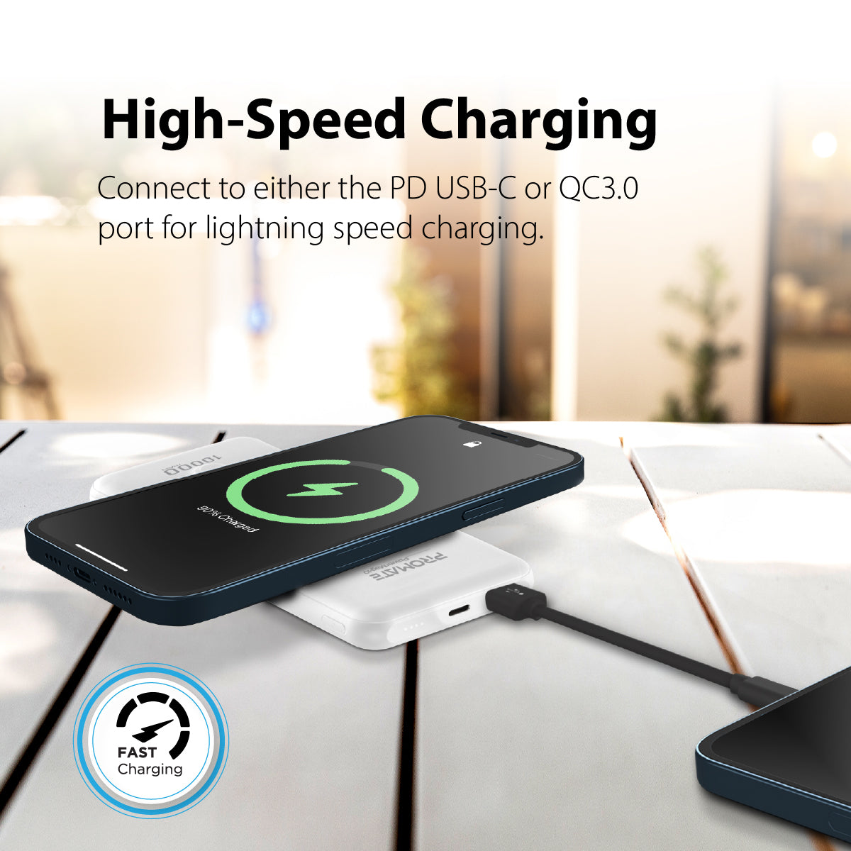 Promate Magnetic Wireless Power Bank for iPhone 12, 10000mAh Magnetic 10W Qi Wireless Mag-Safe Battery Pack with 20W USB-C Power Delivery 2-way Charging Port and QC 3.0 Fast Charging Port for iPhone 12, Samsung, iPad Pro, PowerMag-10 White