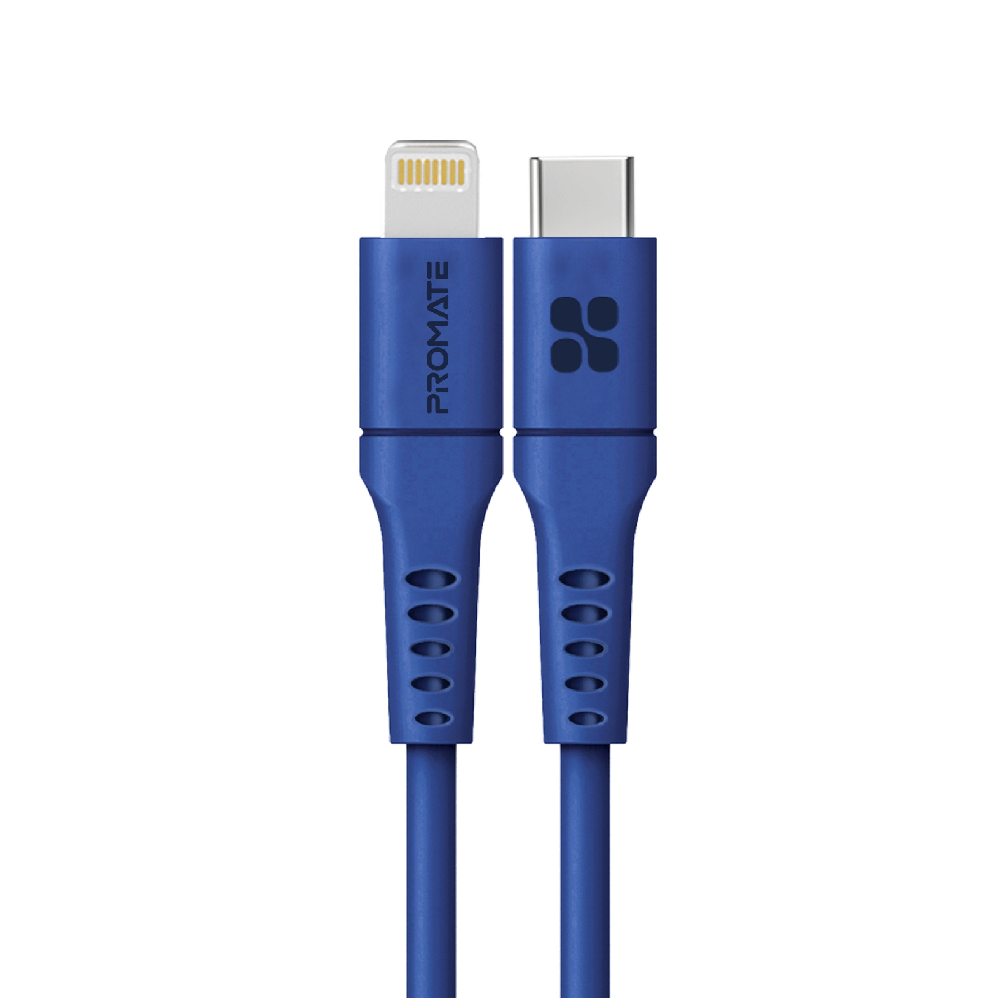Promate Type-C to Lightning Cable for iPhone 13, Ultra-Fast Charging 3A USB-C to Lightning Sync Charge Cord with 20W Power Delivery and Anti-Tangle 1.2m Soft Silicone Cable for iPhone, iPad, iPod, AirPods, PowerLink-120 Blue