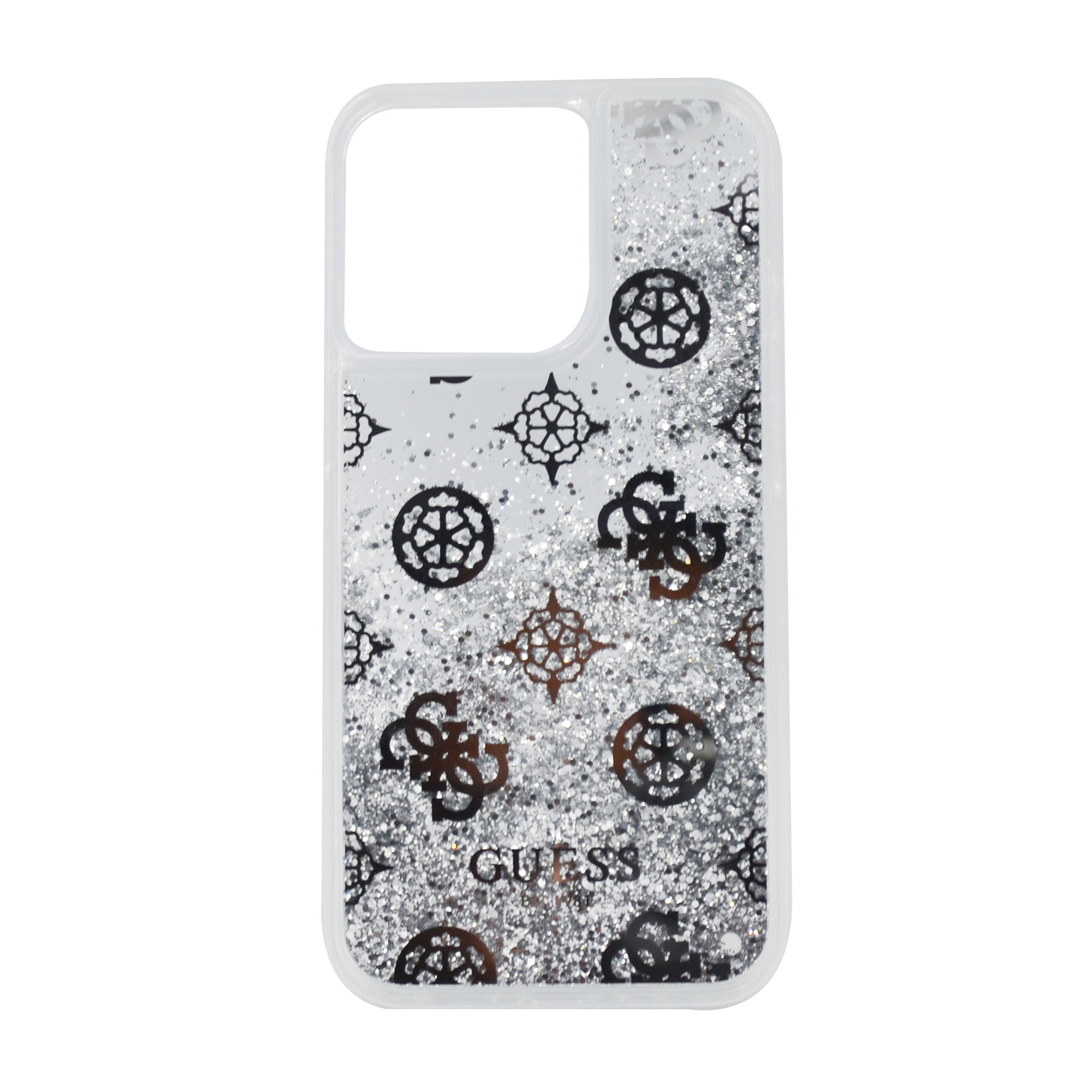 Guess Liquid Glitter Case Electroplated Peony Logo For iPhone 13 Pro Silver