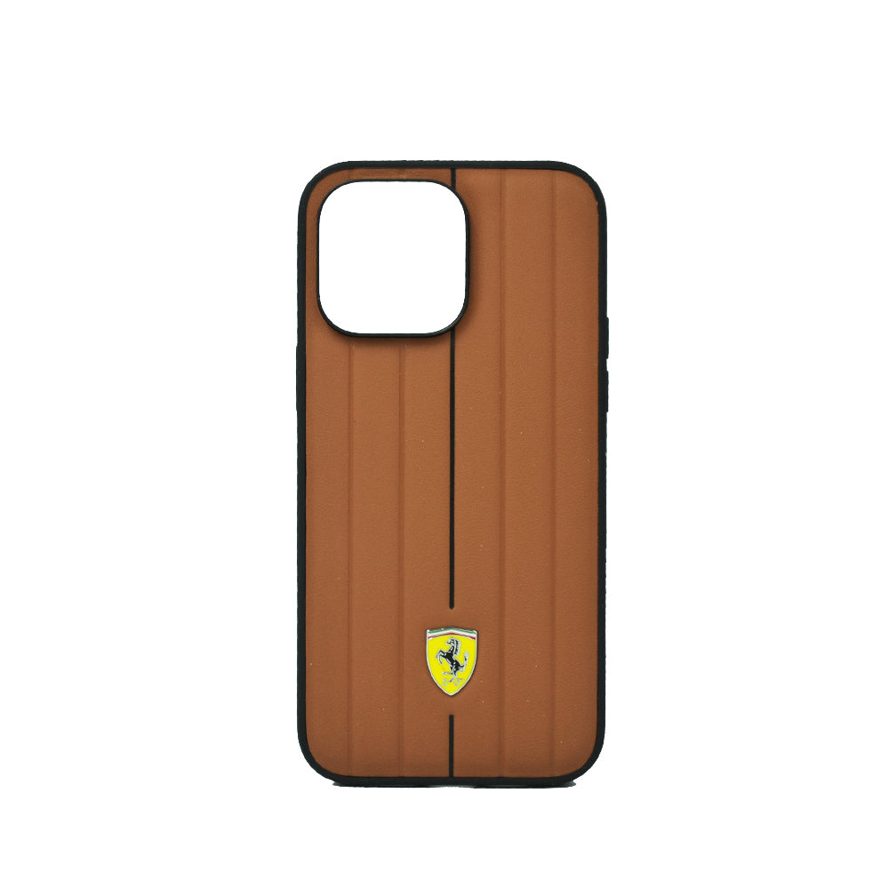 Ferrari Leather Case With Embossed Stripes Yellow Shield Logo For iPhone 14 Pro Max Camel