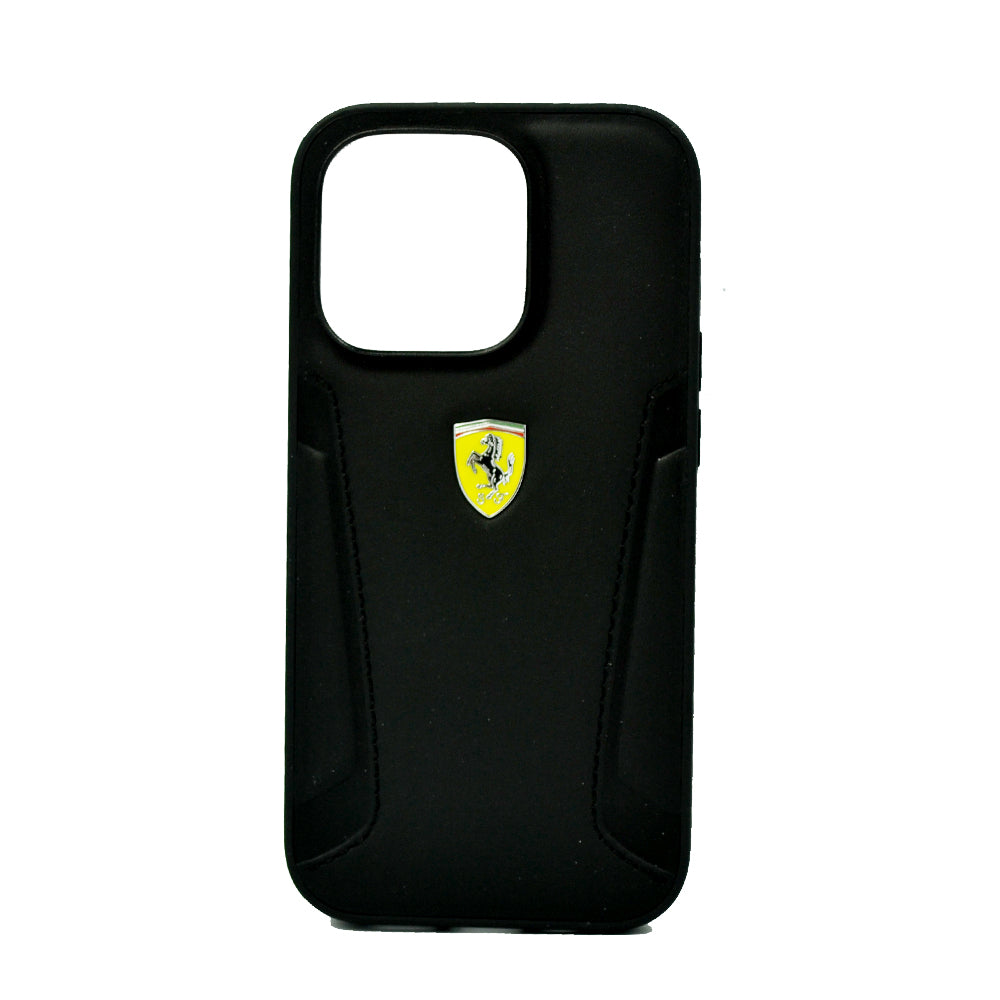 Ferrari Leather Case With Hot Stamped Sides Yellow Shield Logo For iPhone 14 Pro Black