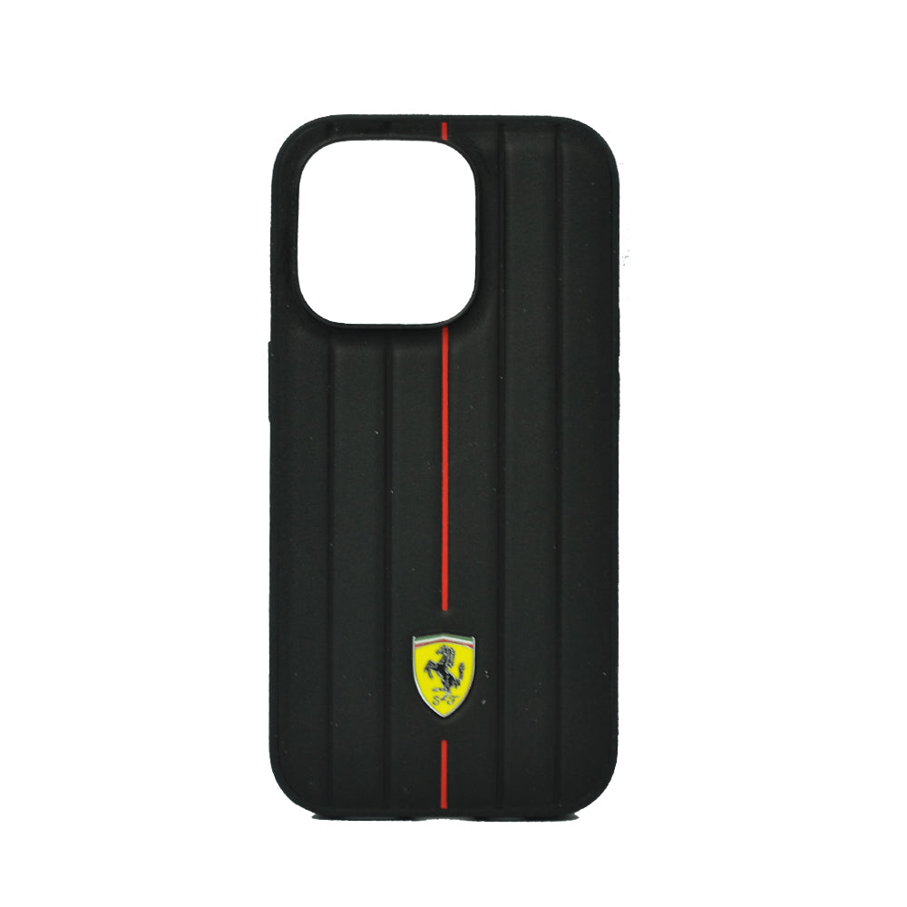 Ferrari Leather Case With Embossed Stripes Yellow Shield Logo For iPhone 14 Pro Black