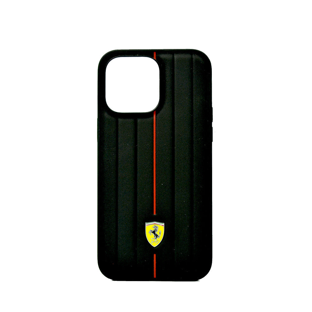 Ferrari Leather Case With Embossed Stripes Yellow Shield Logo For iPhone 14 Pro Max Black