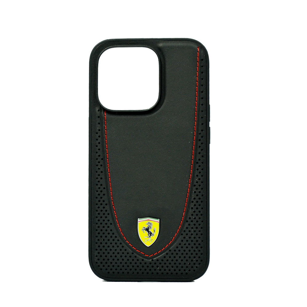 Ferrari Magsafe Leather Stitched Red Line Hard Case For iPhone 14 Pro Black