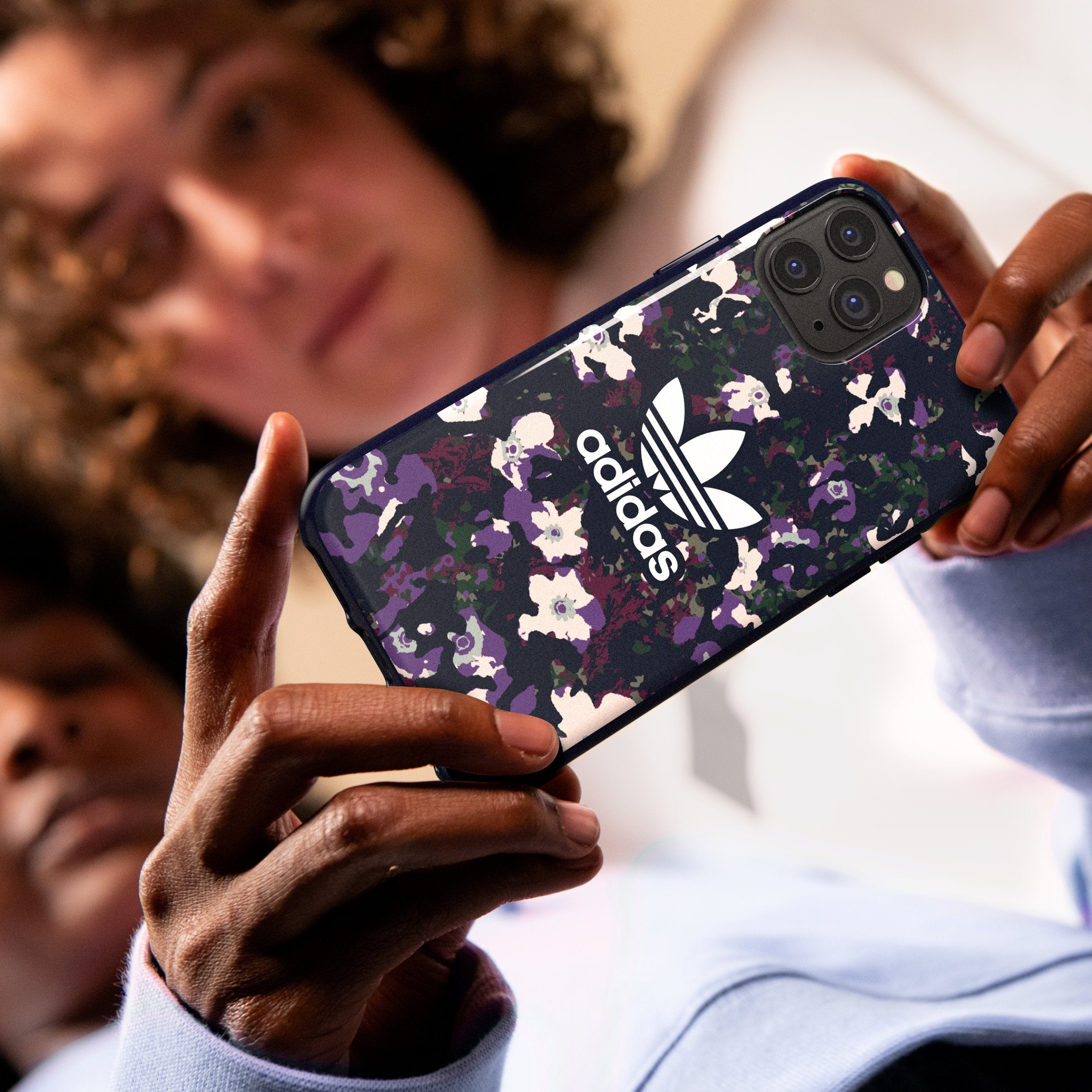 adidas SNAP Apple iPhone 12 Mini Graphic Case - Back cover w/ Trefoil Design, Scratch & Drop Protection w/ TPU Bumper, Wireless Charging Compatible - Navy/Active Puple