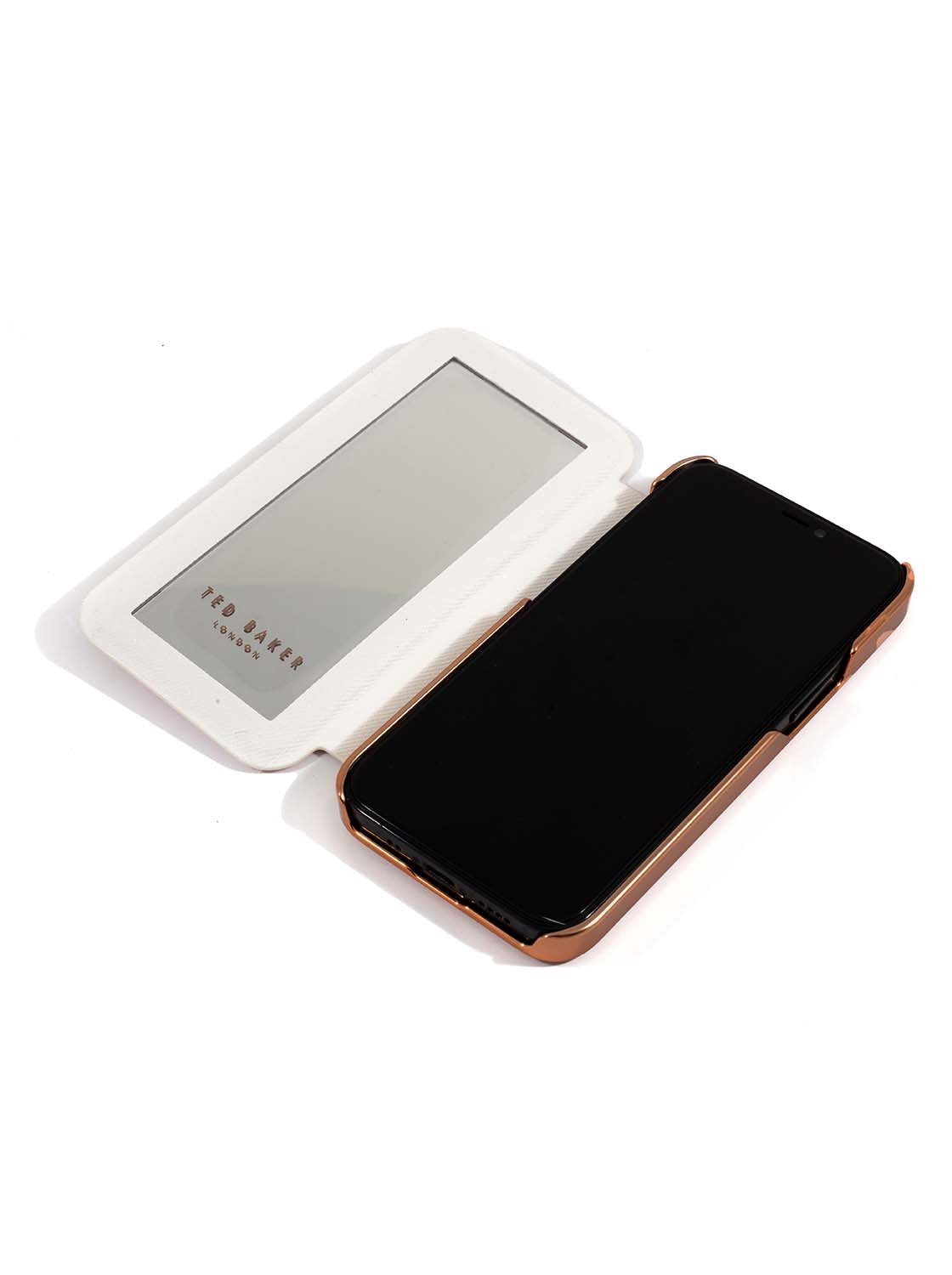 Ted Baker iPhone 12 Mini Mirror Folio Case - Elegant Book Case w/ Built-in Mirror, Wireless Charging Compatible, Women/Girls Phone Case - Jasmine Pink Rose Gold