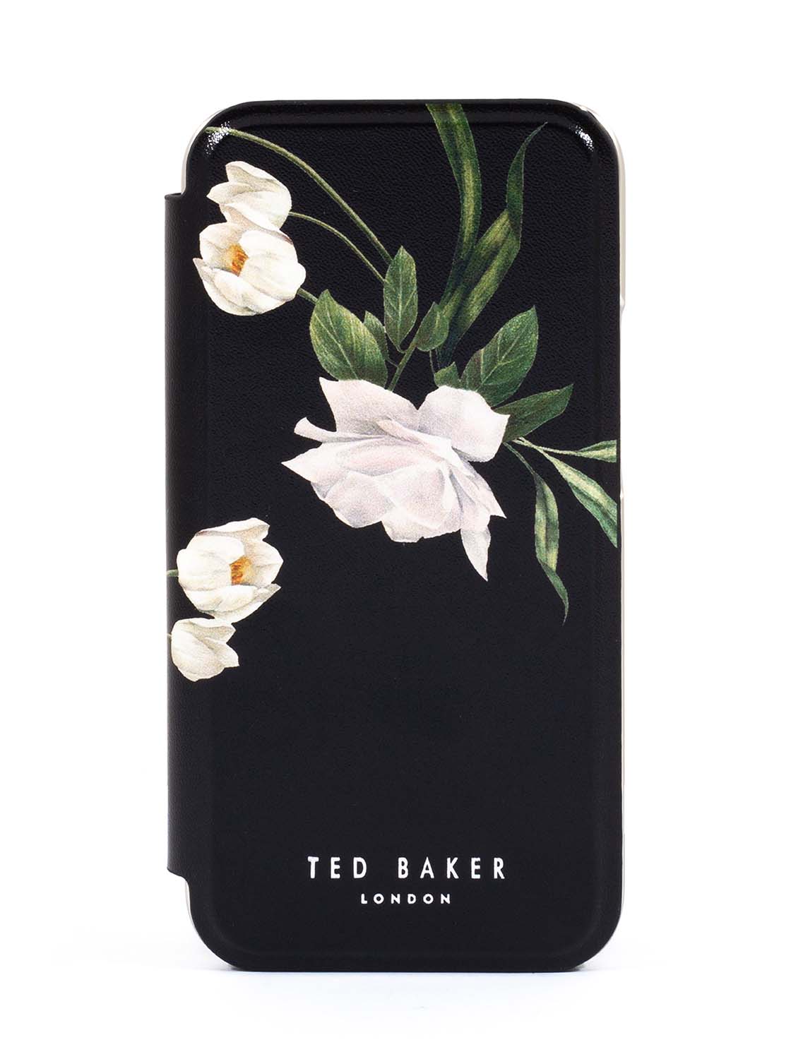 Ted Baker iPhone 12 / 12 Pro Mirror Folio Case - Elegant Book Case w/ Built-in Mirror, Wireless Charging Compatible, Women/Girls Phone Case - Elder Flower Black Silver