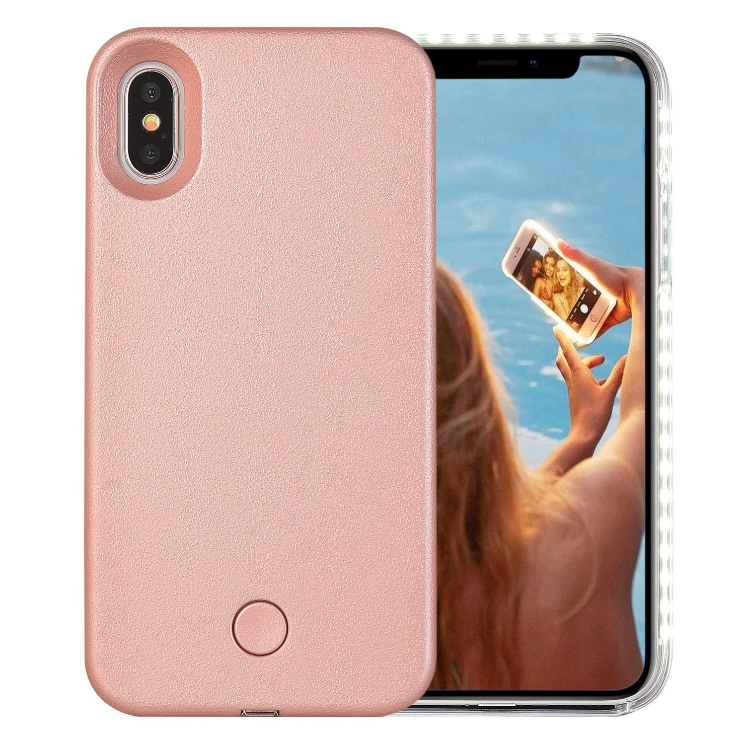 iPhone XS / X Case, LED Illuminated Selfie Light Cell Phone Case Cover [Rechargeable] Light Up Luminous Selfie Flashlight Case 5.8inch - Rose Gold