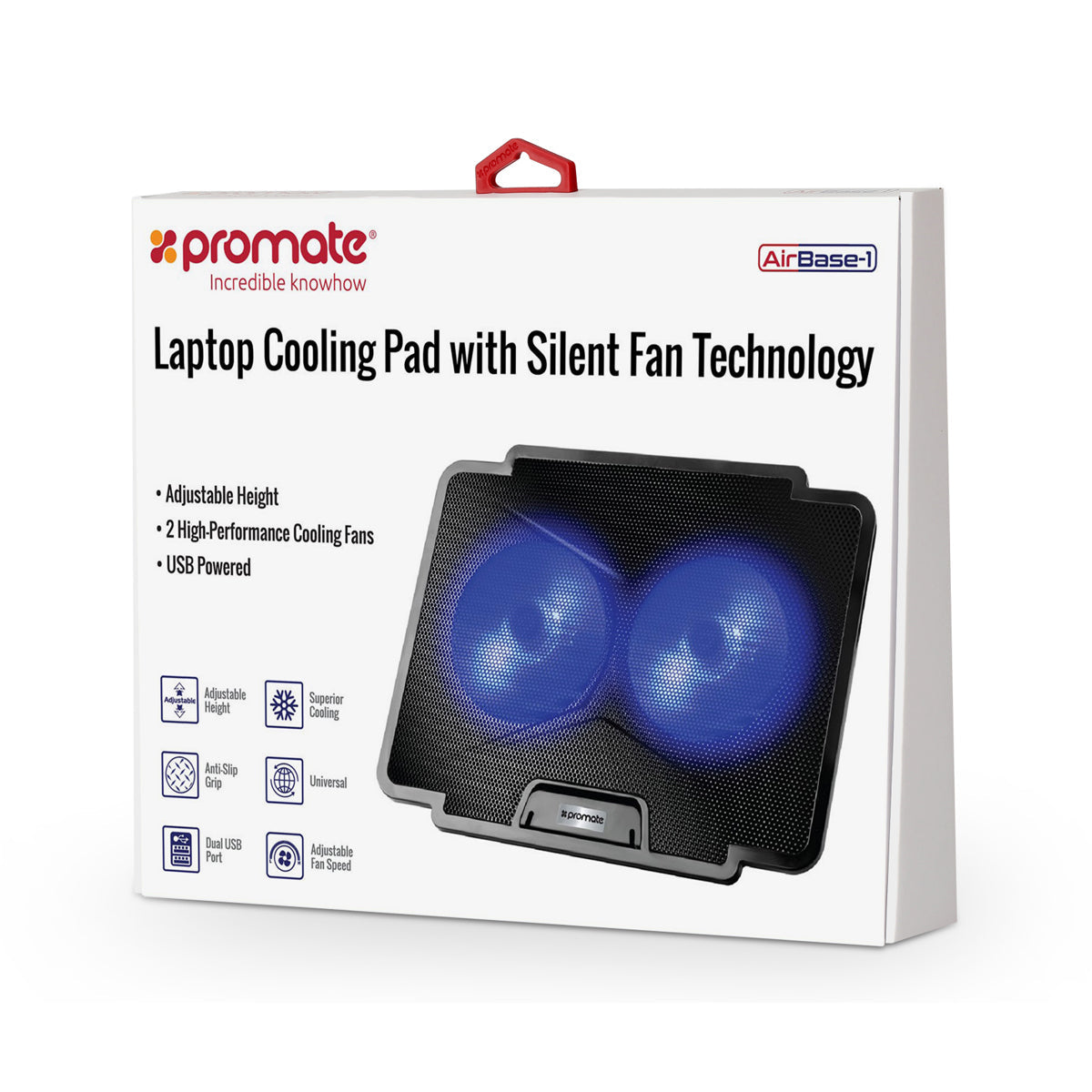 Promate - Laptop Cooling Pad, Universal High-Performance Laptop Cooling Pad with 2 Cooling Fan, Dual USB Port, Adjustable Height, LED Speed Display, Anti Slip Grip, and Silent Fan Technology for Laptops up to 17 Inch, AirBase-1.Black