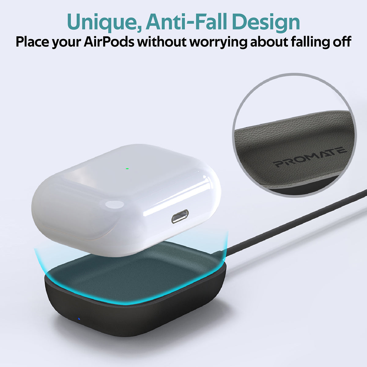 Promate - Wireless Charger for AirPods, Powerful 5W Wireless Charging Dock with Anti-Slip Surface Design and Over-Charging Protection for AirPods and AirPods Pro, AuraPod-1 Black