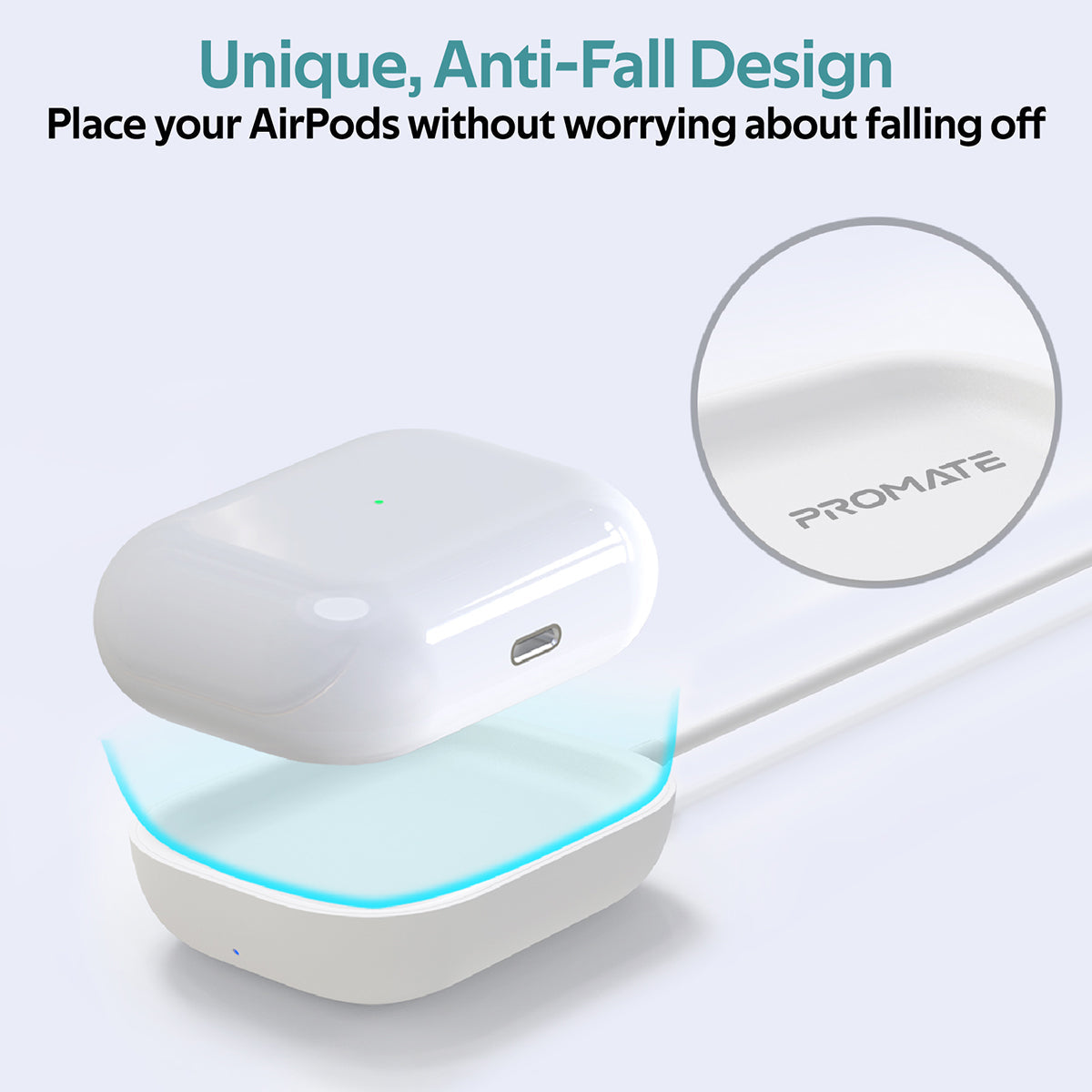 Promate - Wireless Charger for AirPods, Powerful 5W Wireless Charging Dock with Anti-Slip Surface Design and Over-Charging Protection for AirPods and AirPods Pro, AuraPod-1 White