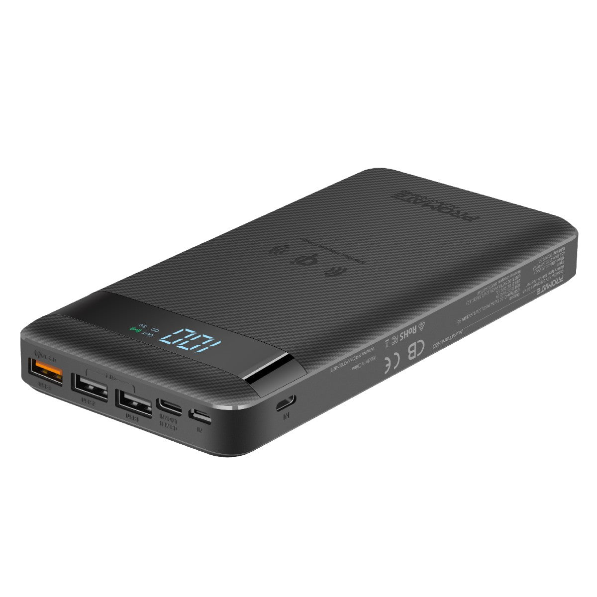 Promate - USB-C Qi Power Bank, Qi-Certified 10W Fast Wireless 20000mAh Battery Charger with 18W Two-Way Type-C Power Delivery, QC 3.0 Three USB Port, LED Display and Lightning, Micro USB Input for Qi and USB Enabled Devices, AuraTank-20 Black