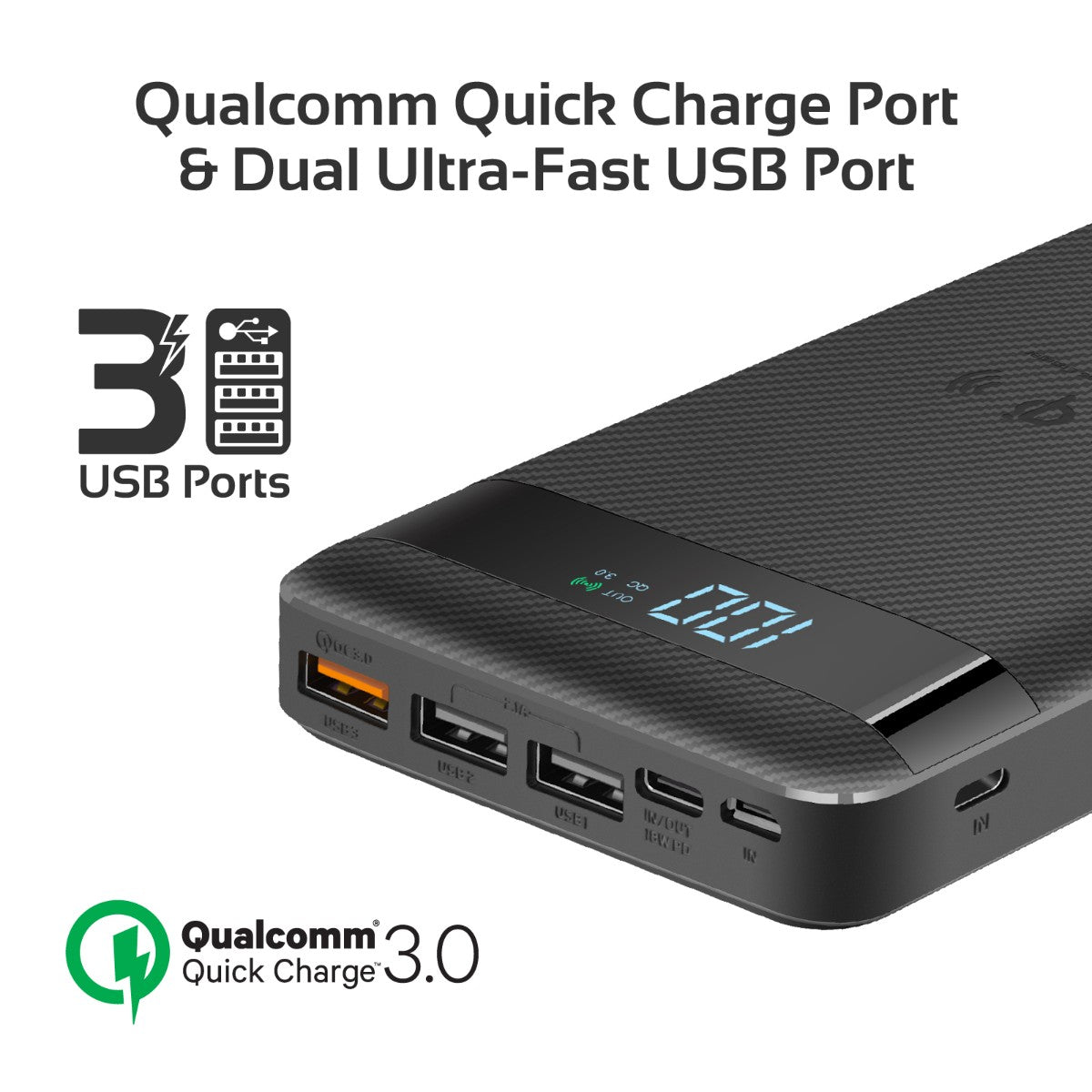 Promate - USB-C Qi Power Bank, Qi-Certified 10W Fast Wireless 20000mAh Battery Charger with 18W Two-Way Type-C Power Delivery, QC 3.0 Three USB Port, LED Display and Lightning, Micro USB Input for Qi and USB Enabled Devices, AuraTank-20 Black