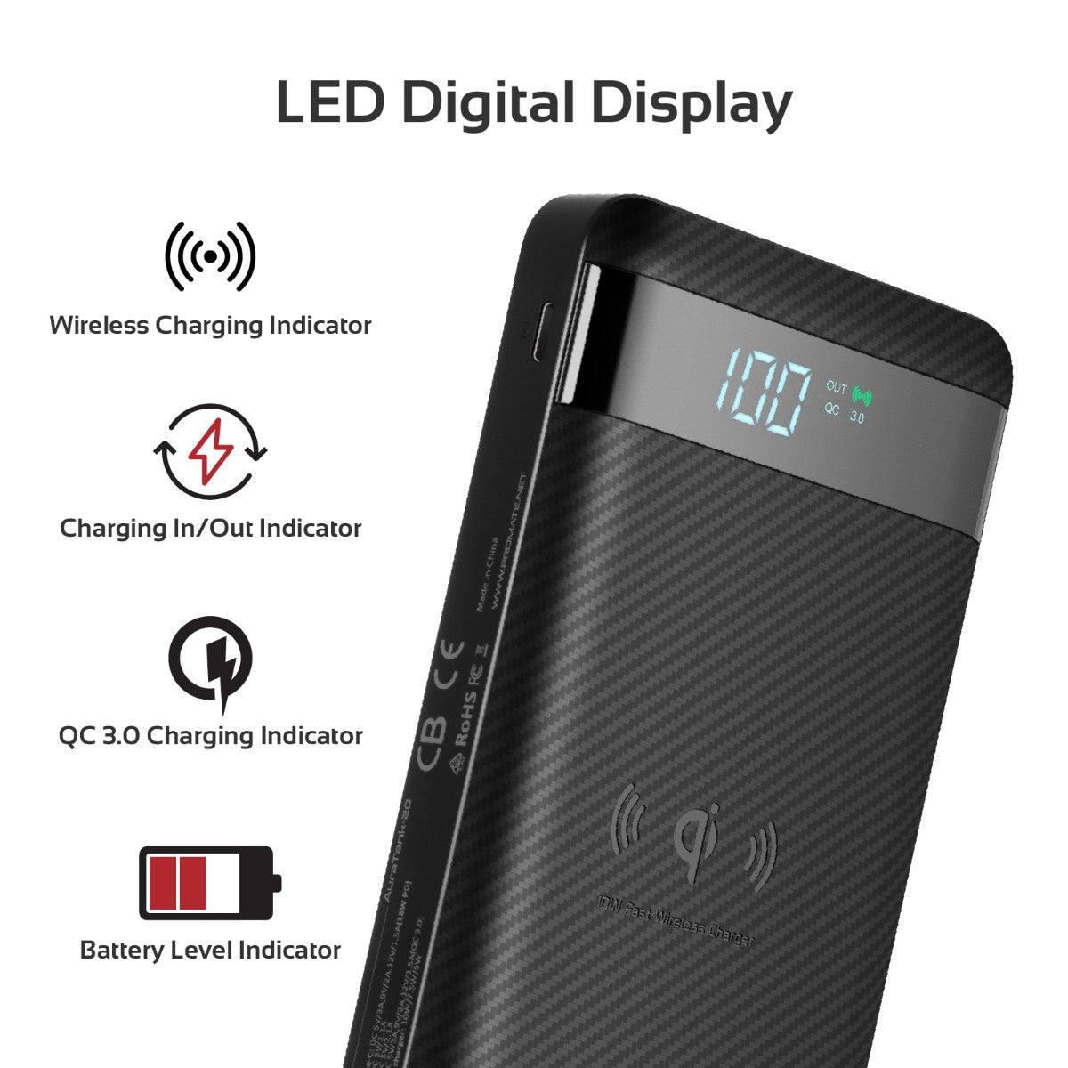 Promate - USB-C Qi Power Bank, Qi-Certified 10W Fast Wireless 20000mAh Battery Charger with 18W Two-Way Type-C Power Delivery, QC 3.0 Three USB Port, LED Display and Lightning, Micro USB Input for Qi and USB Enabled Devices, AuraTank-20 Black