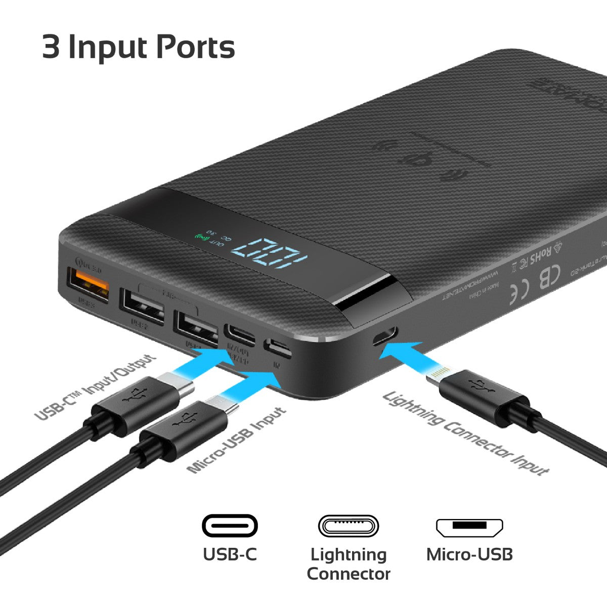 Promate - USB-C Qi Power Bank, Qi-Certified 10W Fast Wireless 20000mAh Battery Charger with 18W Two-Way Type-C Power Delivery, QC 3.0 Three USB Port, LED Display and Lightning, Micro USB Input for Qi and USB Enabled Devices, AuraTank-20 Black