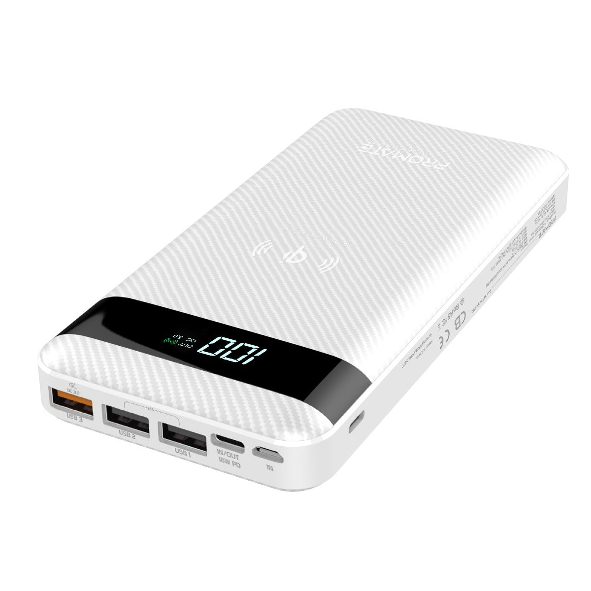 Promate - USB-C Qi Power Bank, Qi-Certified 10W Fast Wireless 20000mAh Battery Charger with 18W Two-Way Type-C Power Delivery, QC 3.0 Three USB Port, LED Display and Lightning, Micro USB Input for Qi and USB Enabled Devices, AuraTank-20 White